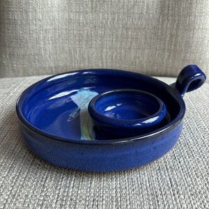 Studio Pottery Handmade Candle Holder Artist Signed Colbalt Blue w/ Pastel Swirl